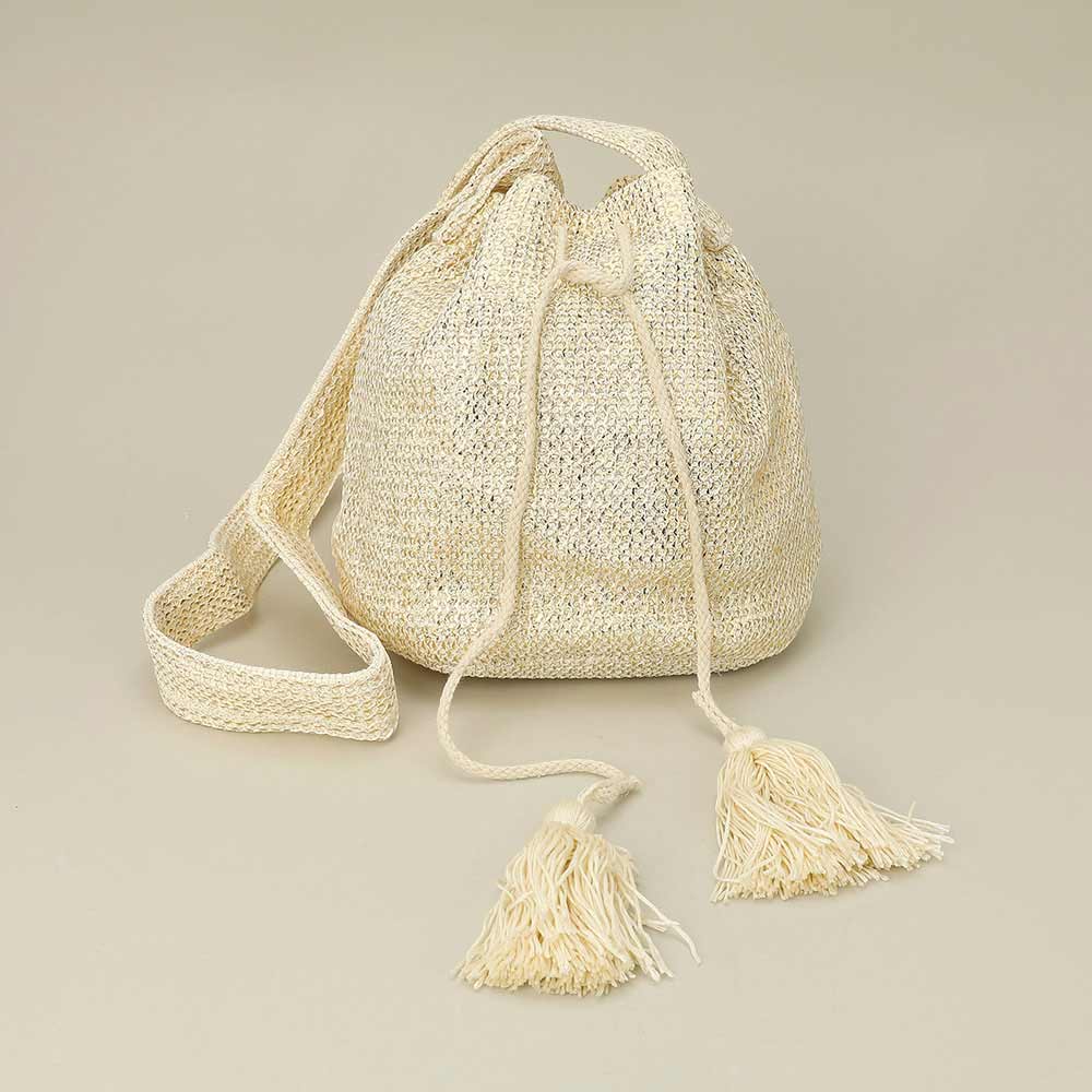 Metallic Woven Tassel Bucket Crossbody Bag