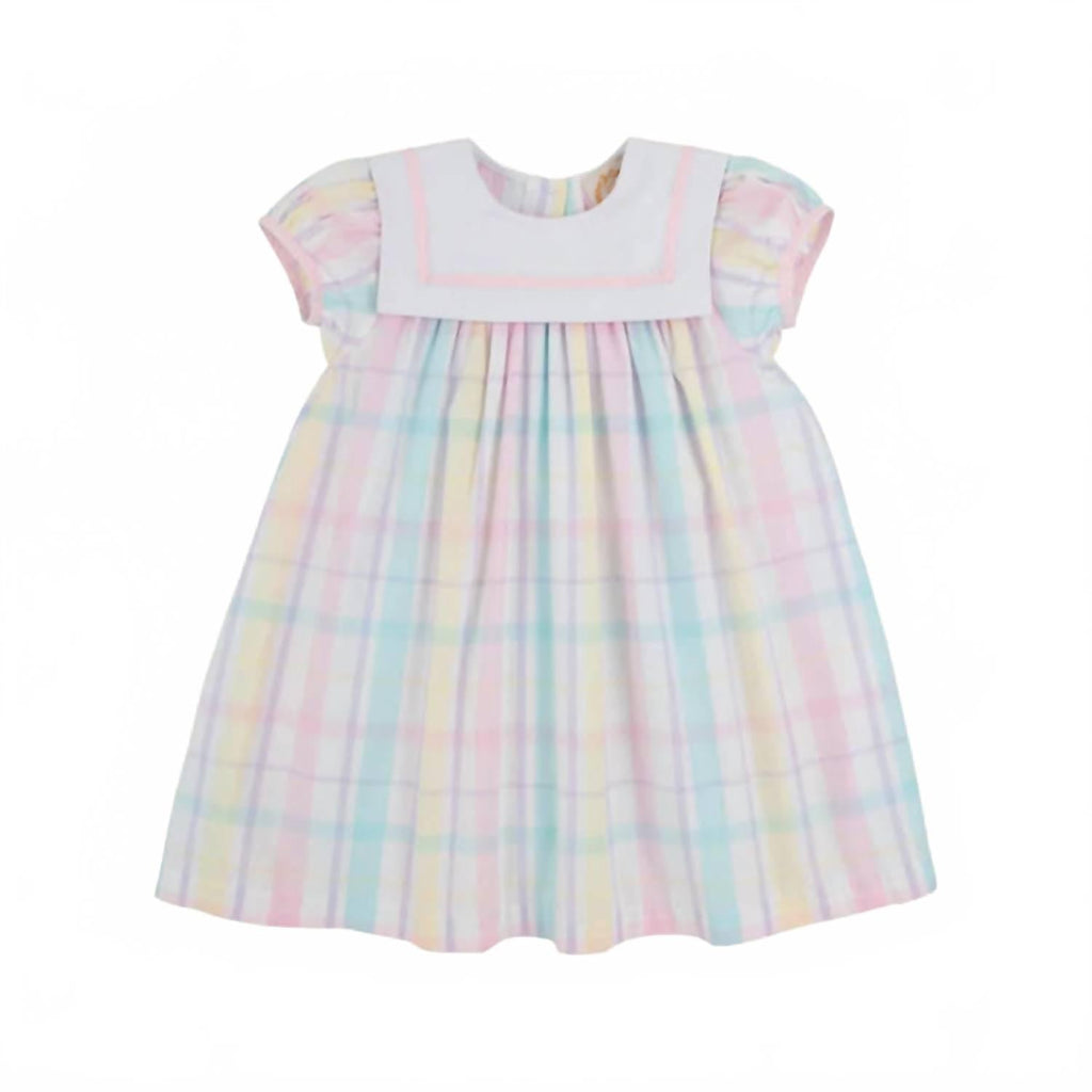 Girl's Stewart's Square Collar Dress In Brunch Plate Plaid With Palm Beach Pink