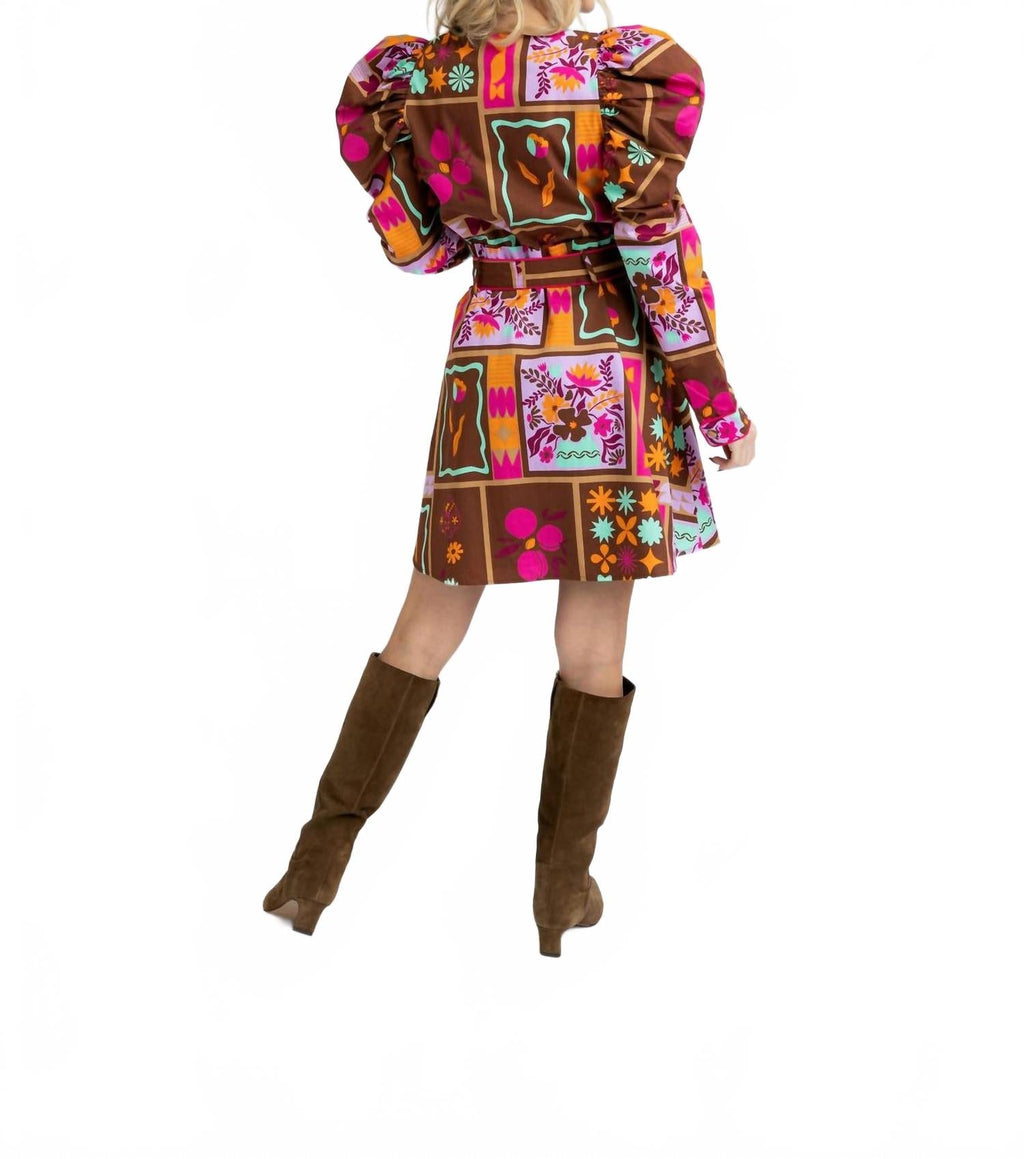 Floral Frame Puff-Sleeve Mini Shirt Dress In Brown