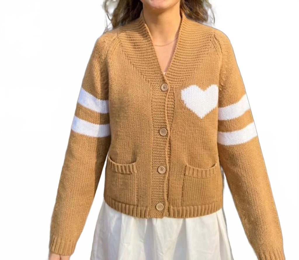 Varsity Chunky Heart Cardigan In Brown/white