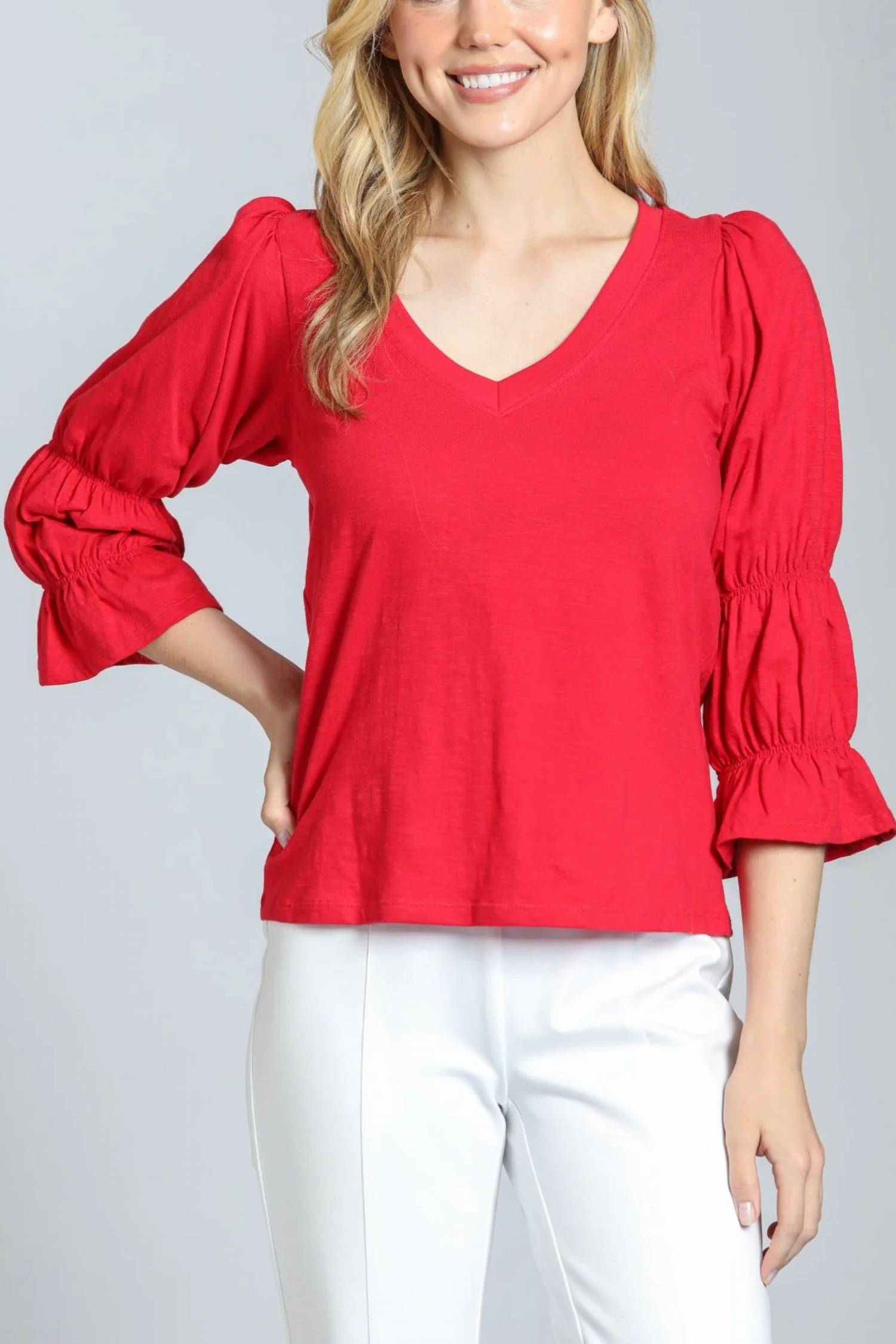 V Neck Renaissance Sleeve Blouse In Rocco Red