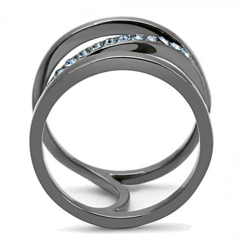 IP Light Black Stainless Steel Ring with Top Grade Crystal in Capri Blue