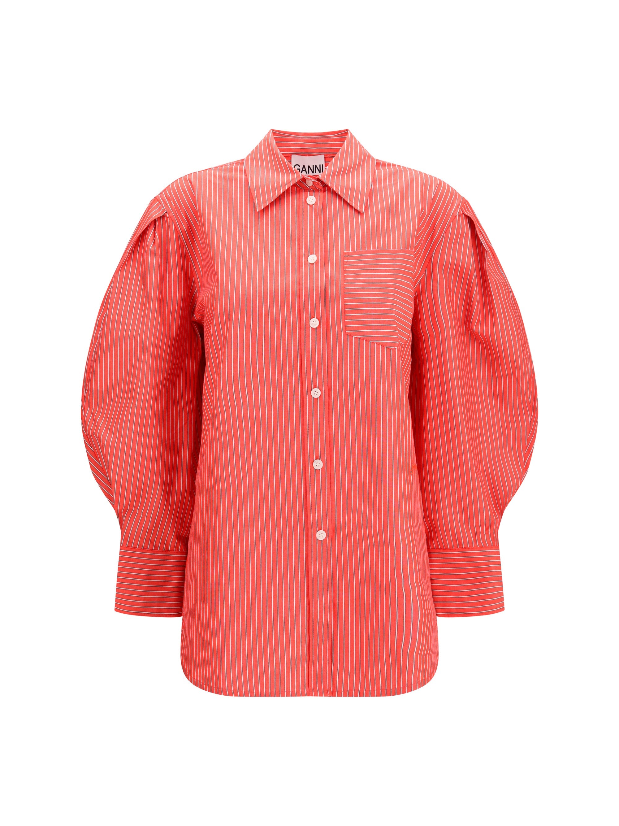 Ganni Women Striped Cotton Shirt With Balloon Sleeves
