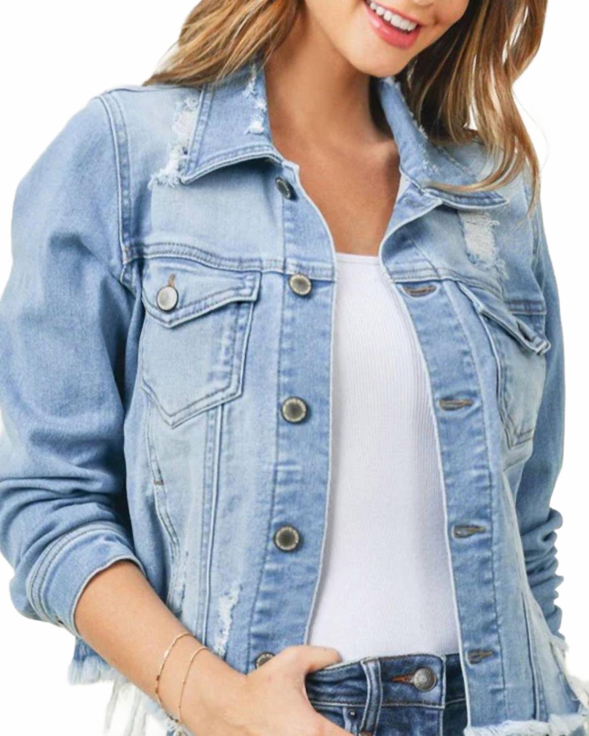 Maylynn Distressed Frayed Hem Denim Jacket In Blue