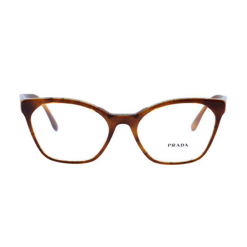 Prada Eyeglasses Cat Eye Full Rim, Top Light Havana/striped White Frame And Clear Demo Lens Lens Pr09Uvth7101