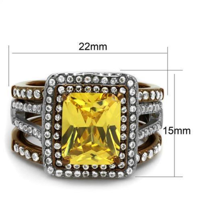 Two Tone IP Light Brown (IP Light coffee) Stainless Steel Ring with AAA Grade CZ in Topaz