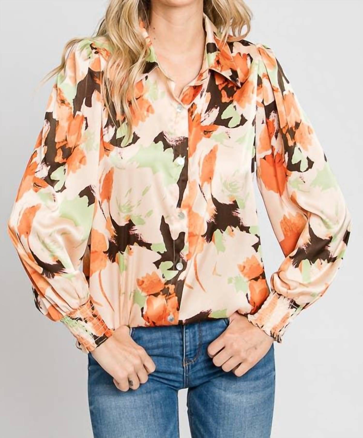 Floral Satin With Smocked Cuffs Shirt In Beige