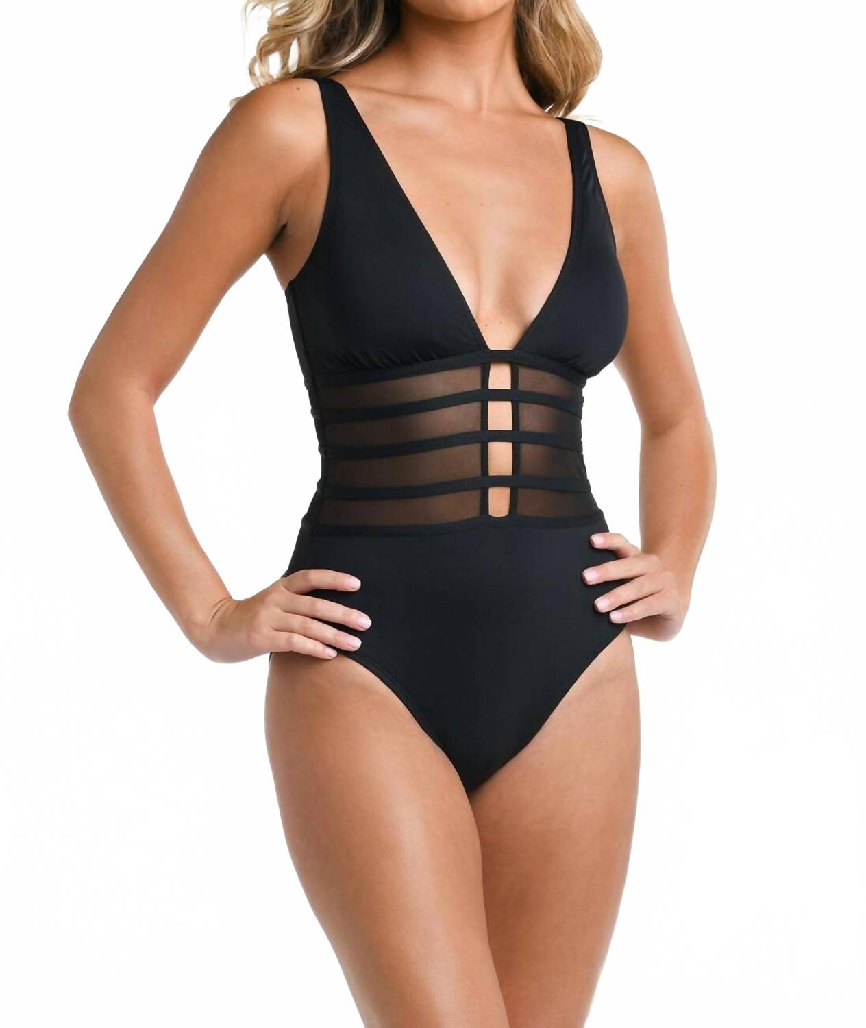 Women's Island Goddess Mesh Over The Shoulder One Piece Swimsuit In Black