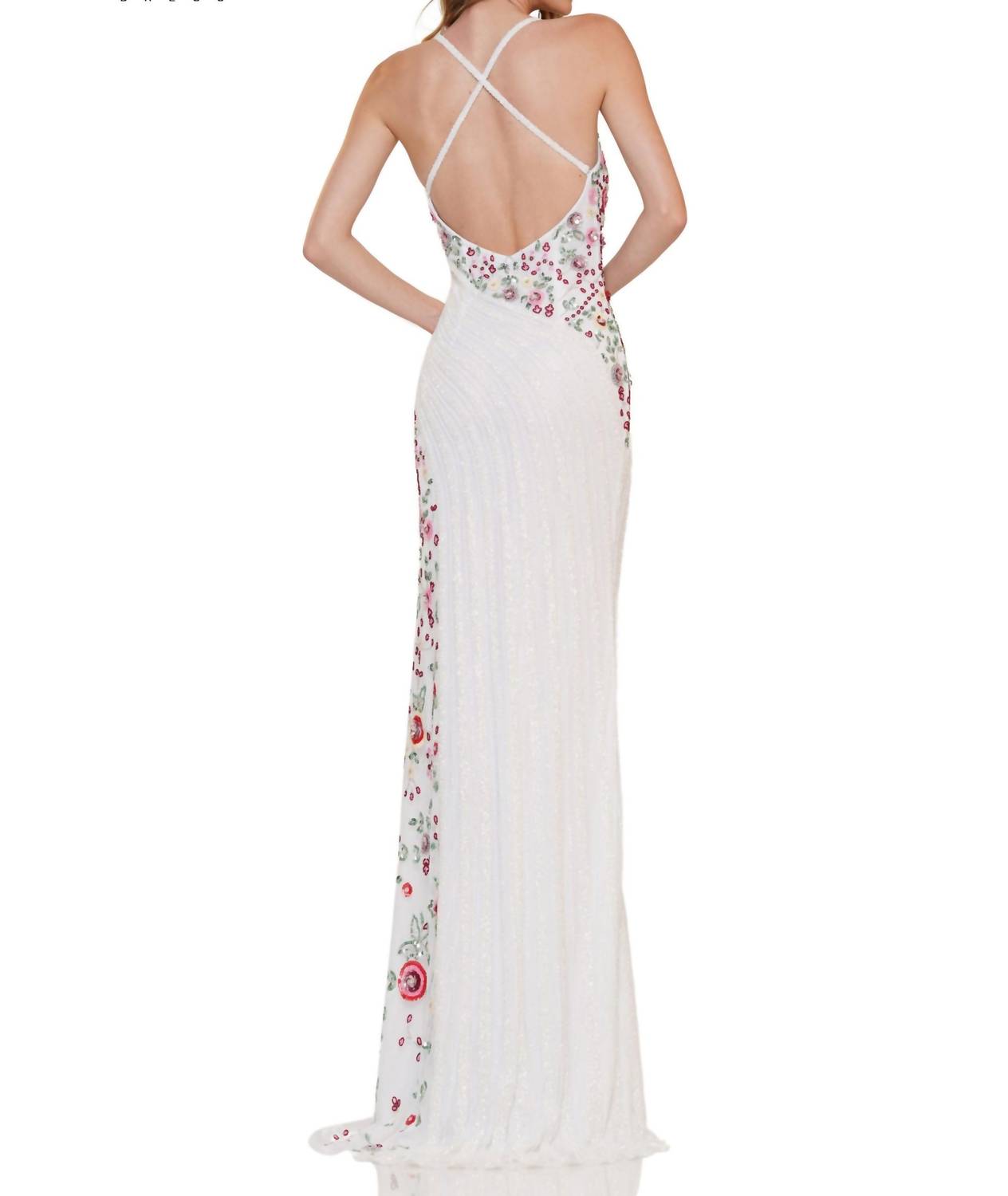 Floral Beaded Mesh Gown In White