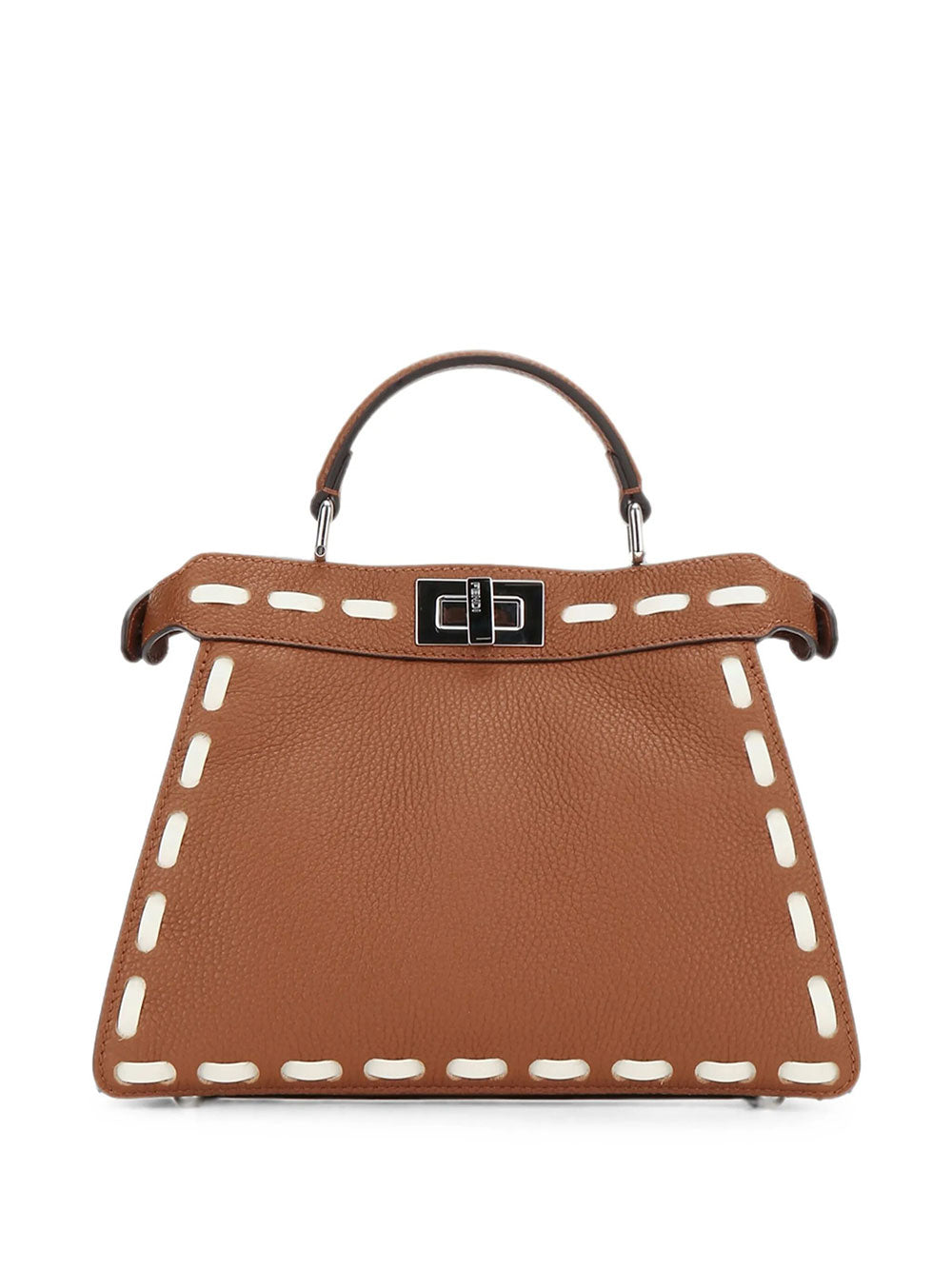 Fendi Women Peekaboo Iseeu Small Sellier Cuoio Romano Leather Bag With Oversized Stitching