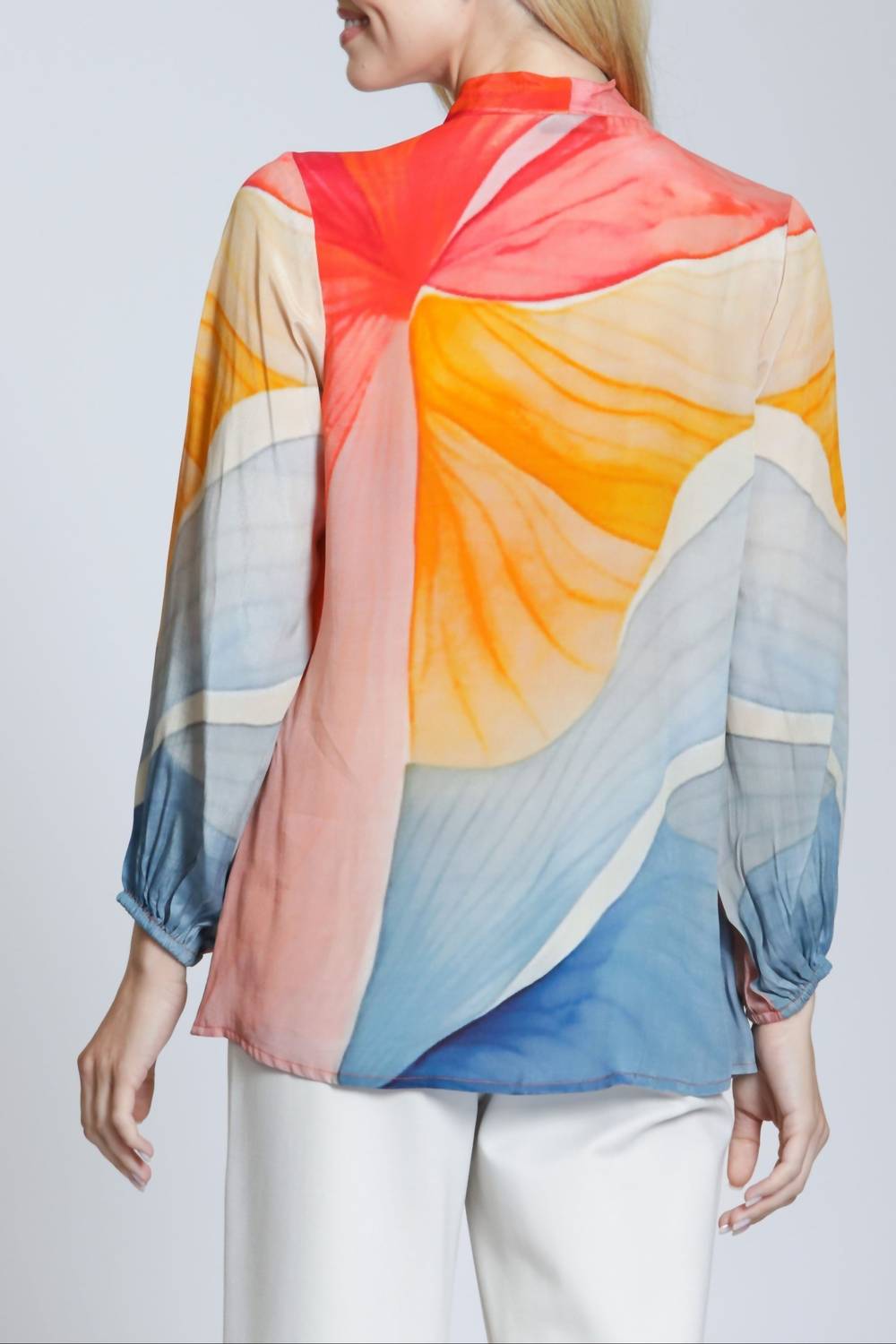 Long Sleeve Tie-Neck Blouse In Multicolor