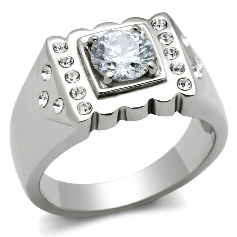 High polished (no plating) Stainless Steel Ring with AAA Grade CZ in Clear