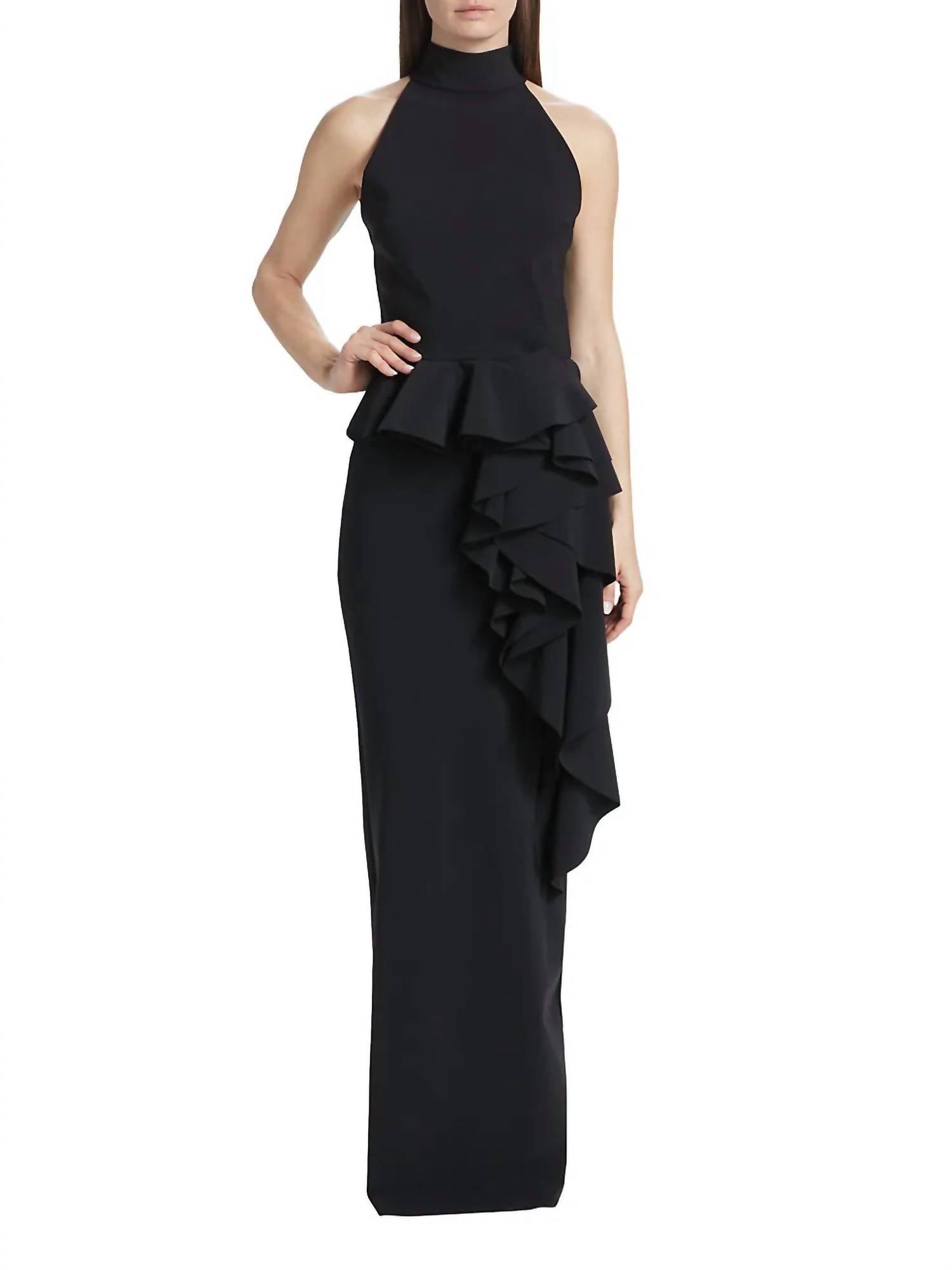 Ah Ruffled High-Neck Gown In Black
