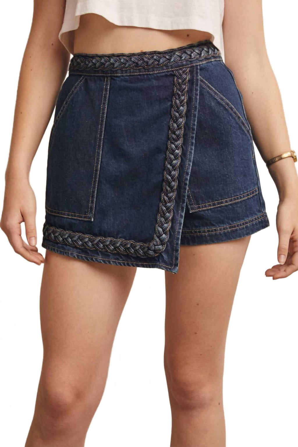 Braided Trim Denim Wrap Skort In Dusk Haze