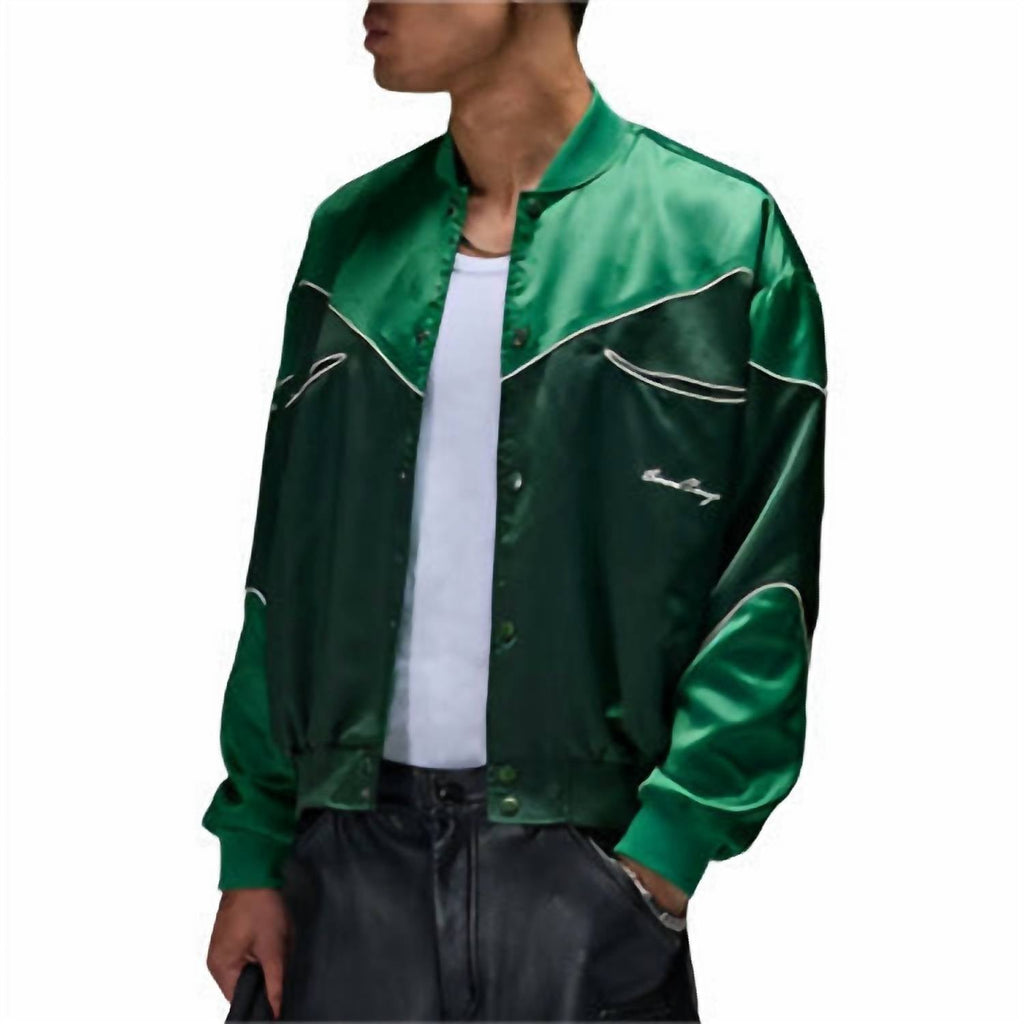 Western Satin Bomber Jacket In Emerald