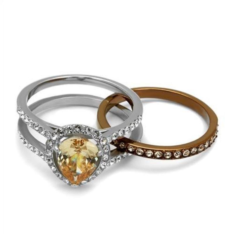 Two Tone IP Light Brown (IP Light coffee) Stainless Steel Ring with AAA Grade CZ in Champagne