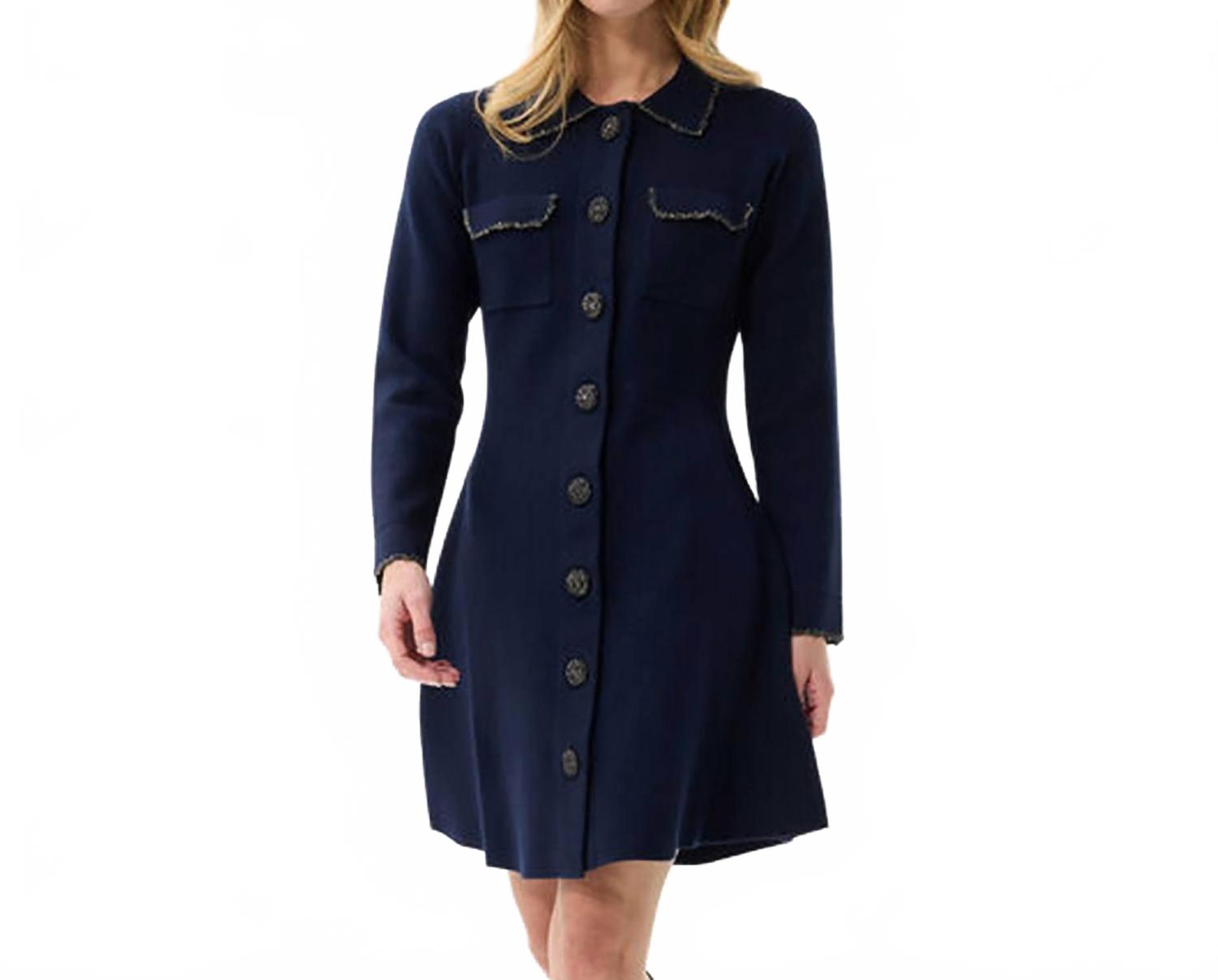 Flared Button Front Knit Dress In Navy