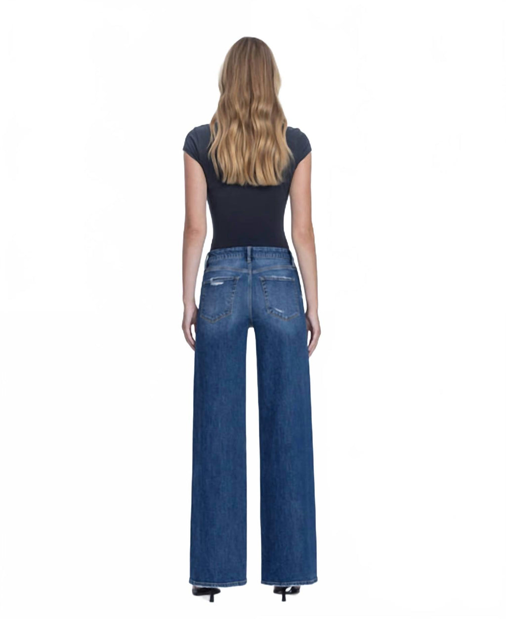 Nicest High Rise Seamless Waistband Wide Leg Jeans In Dark Wash