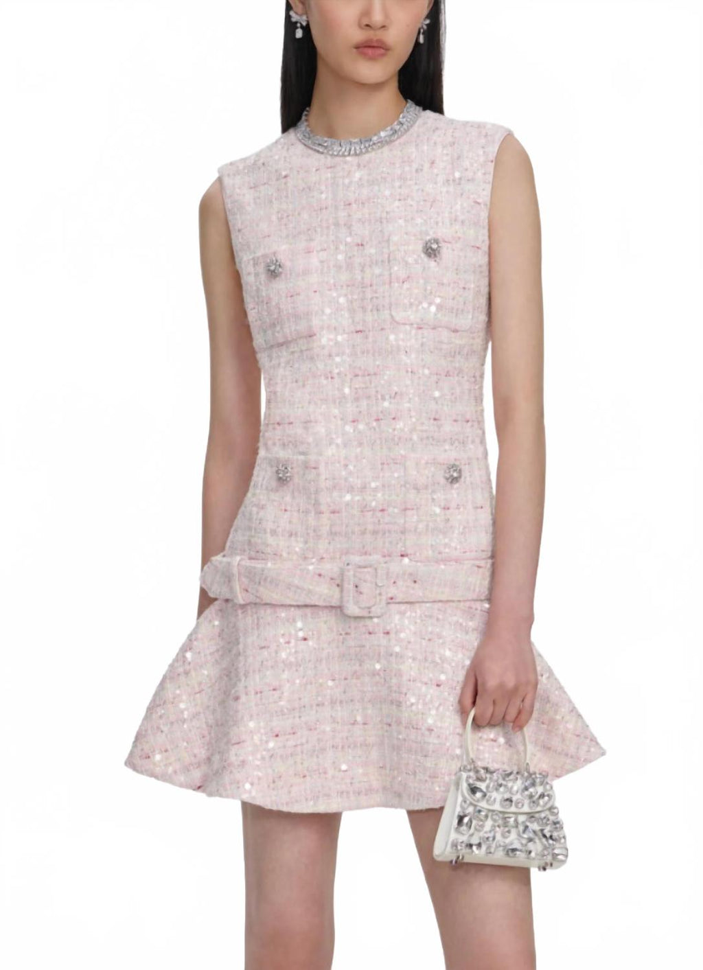 Sequin Boucle Belted Mini Dress In Pink