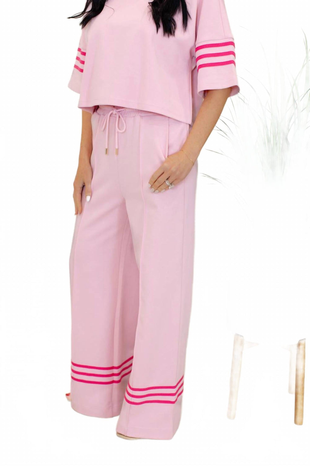 Luna Short Sleeve Knit Top And Wide Leg Pants Set In Pink