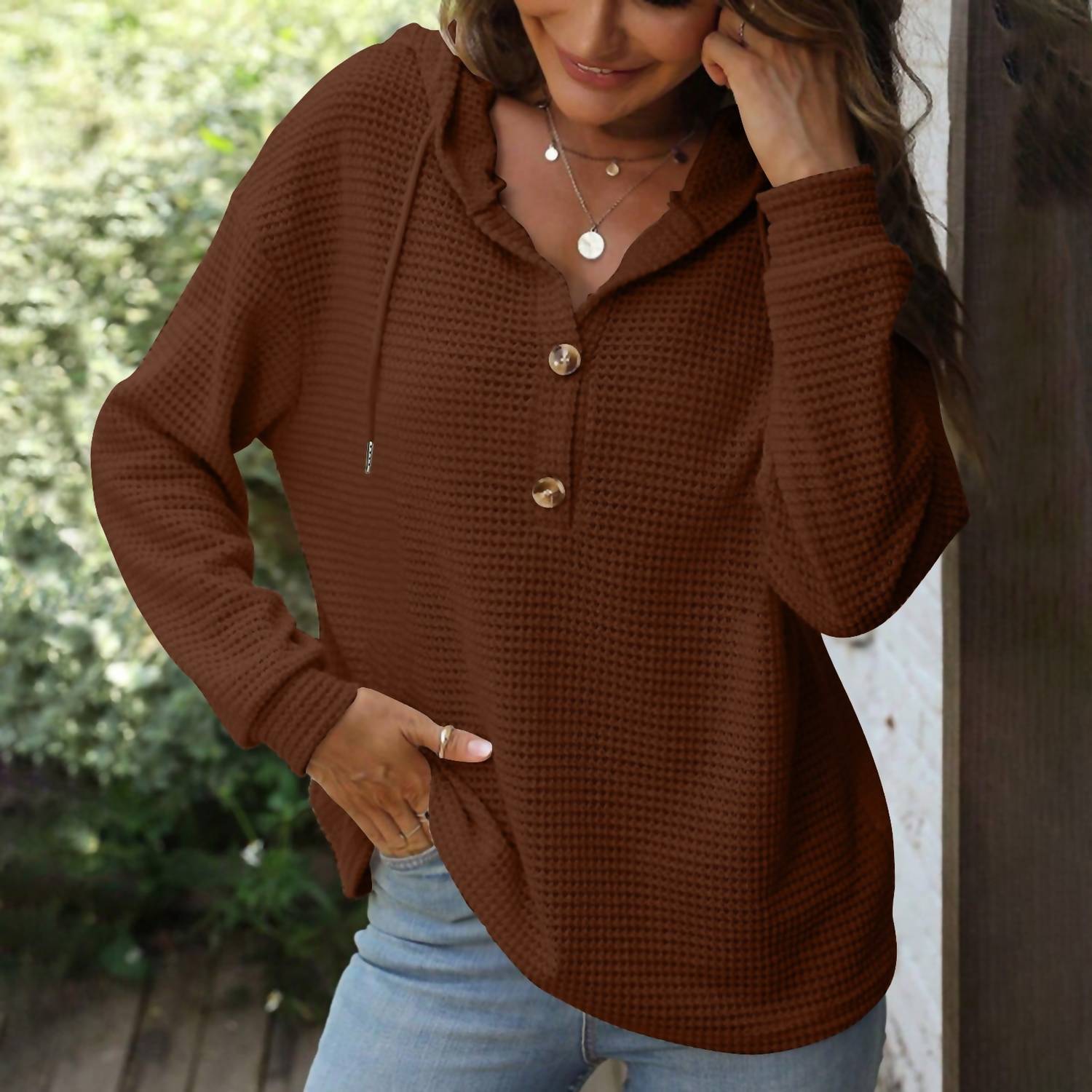 Waffle Button-Up Hoodie Pullover In Caramel