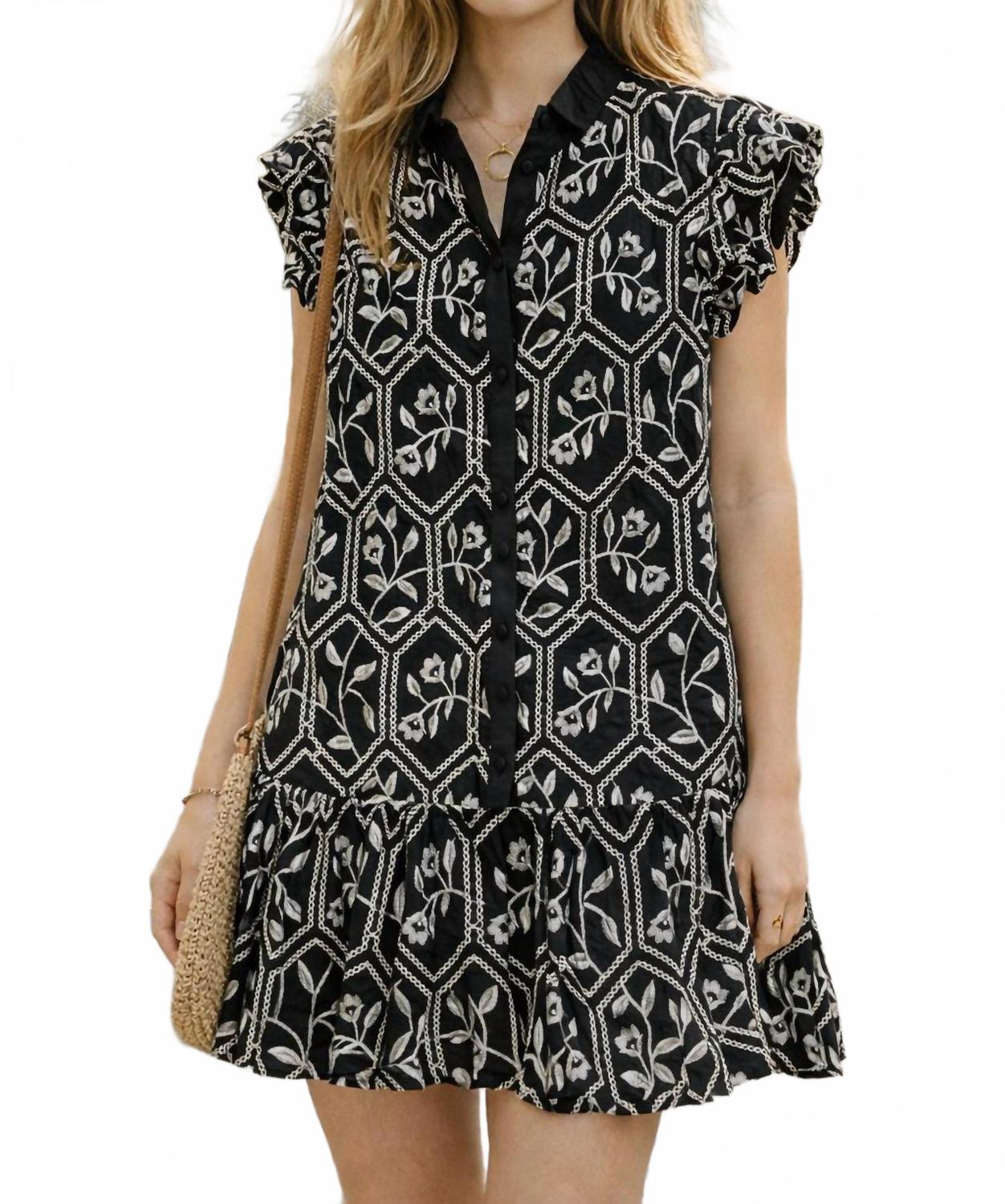 Glossy Embroidered Button Down Dress In Black