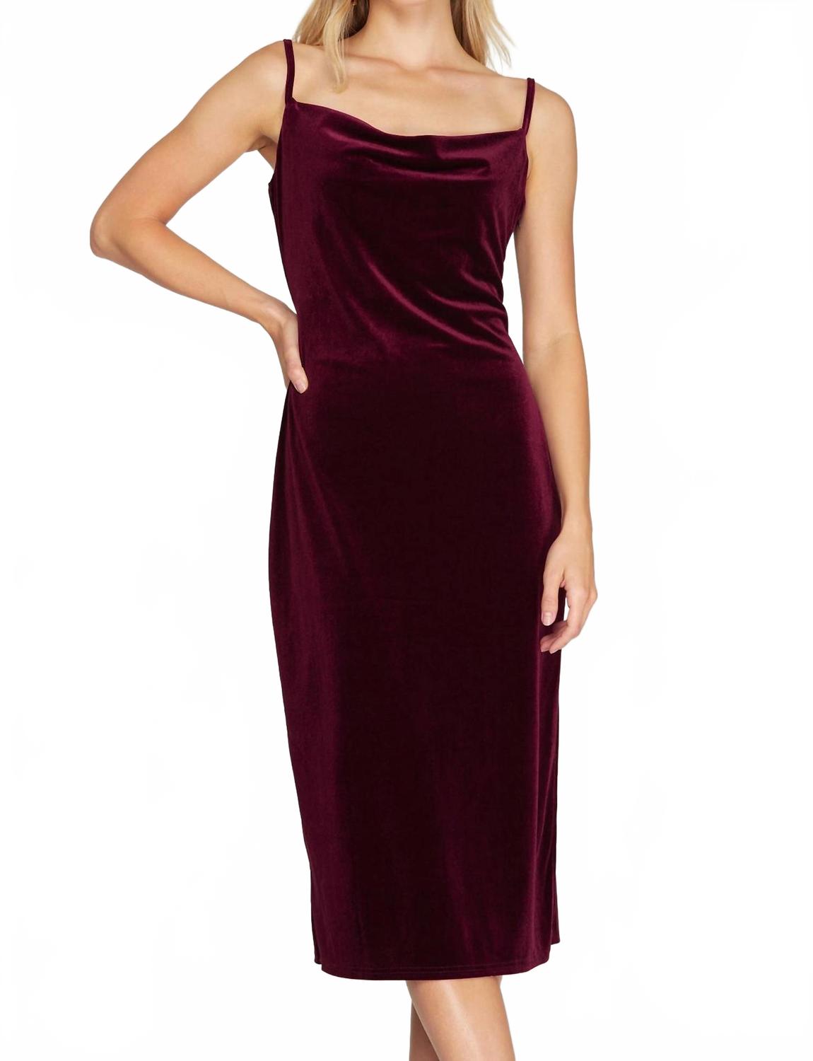 Velvet Camisole Dress With Cowl Neck And Side Slit In Wine
