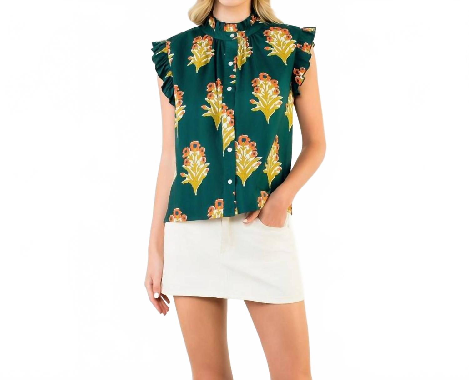 Flutter Sleeve Floral Blouse In Green