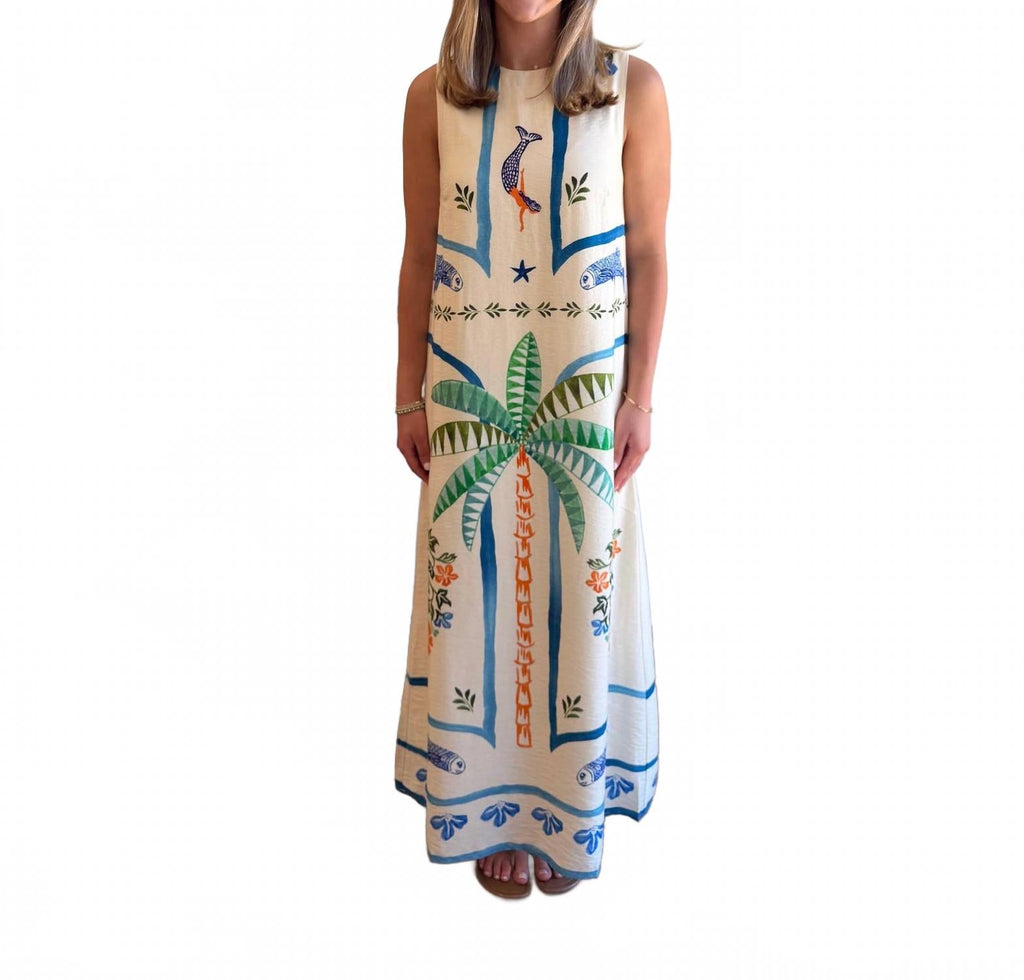Palm And Mermaid Midi Dress In Beige