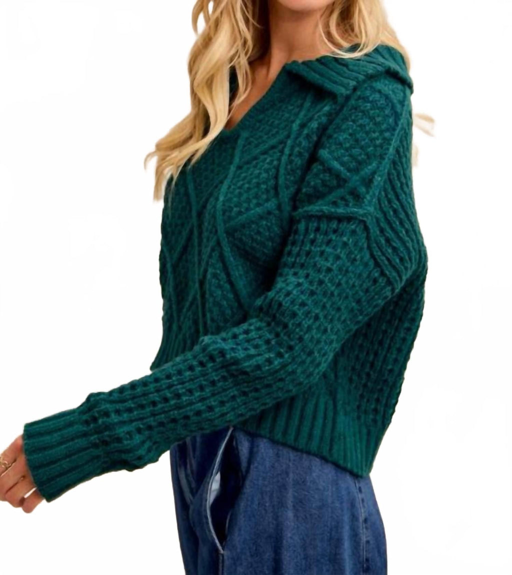 Diamond Patterned Collared Sweater Top In Hunter