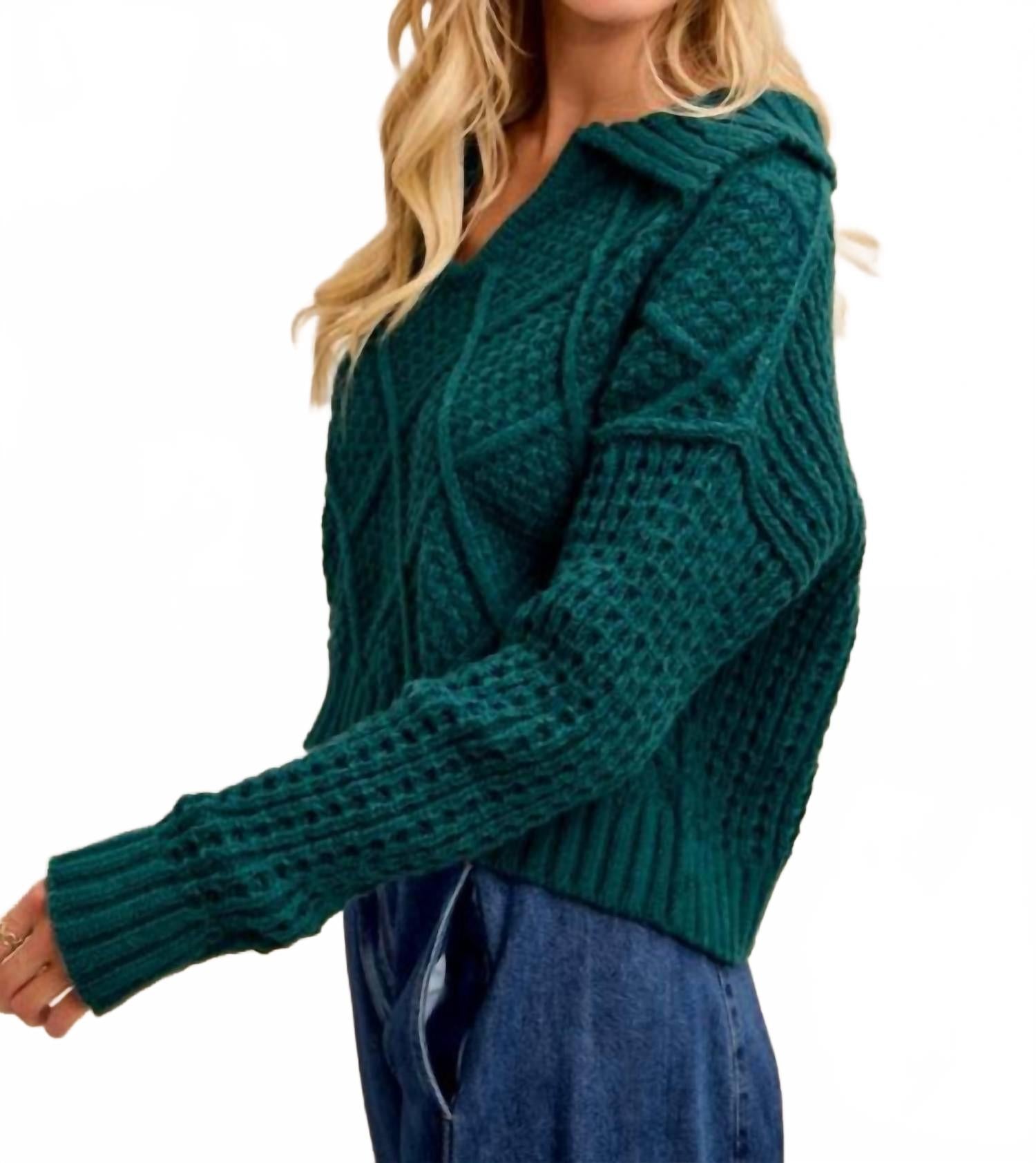 Diamond Patterned Collared Sweater Top In Hunter