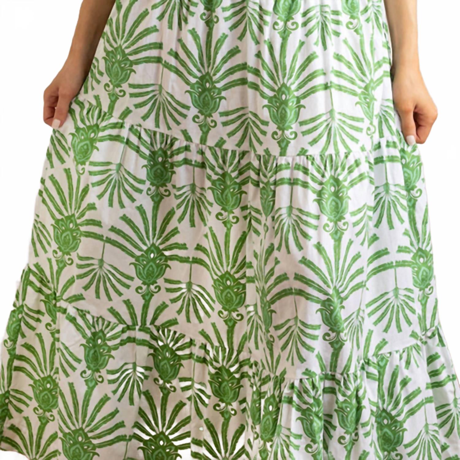 Smocked Flutter Sleeve Top And Skirt Set In Green Deco Palm