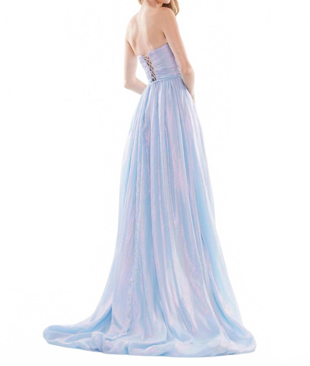 Iridescent High-Low Gown In Blue Multi