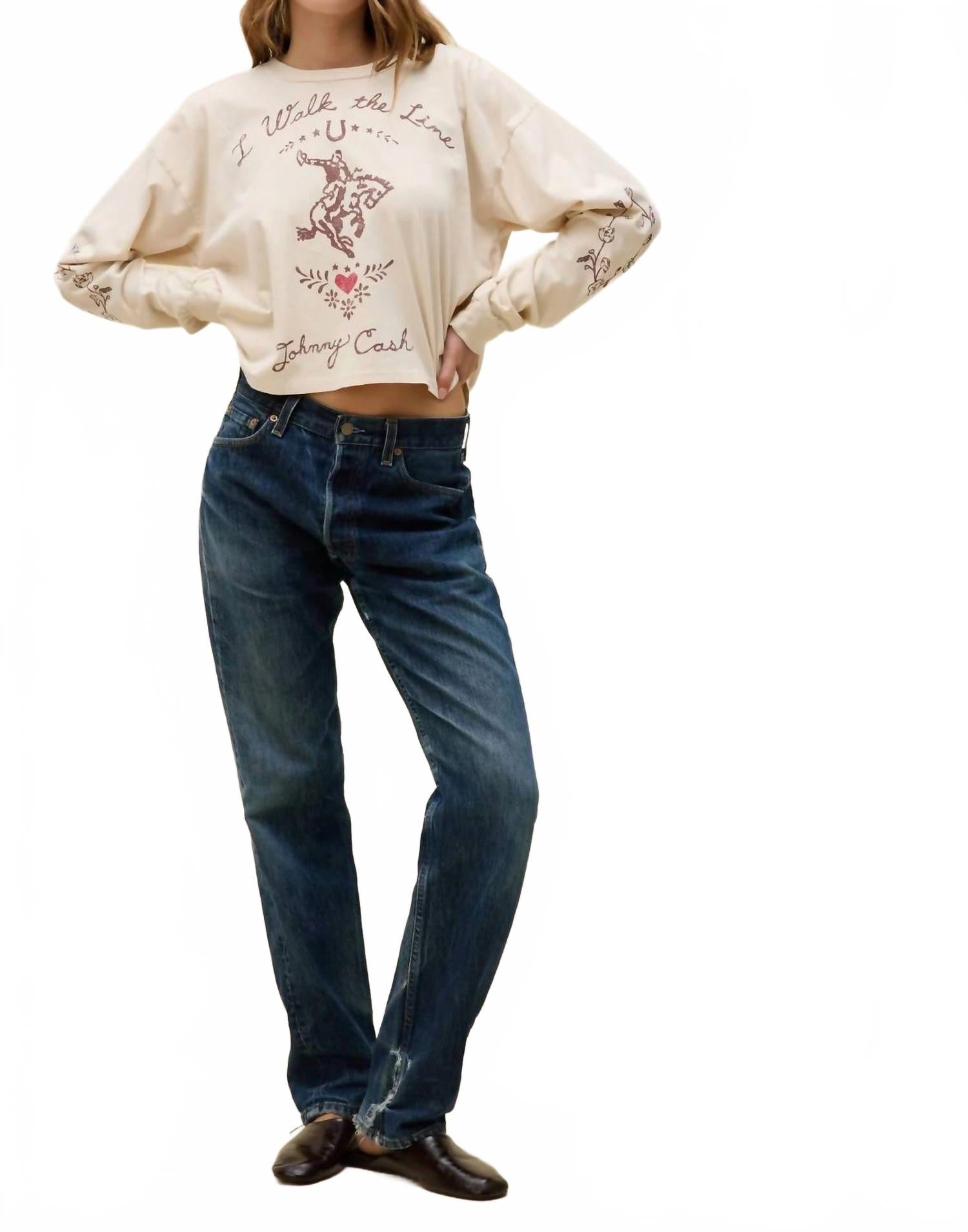 Johnny Cash Walk The Line Meet & Greet Long Sleeve Top In Dirty White