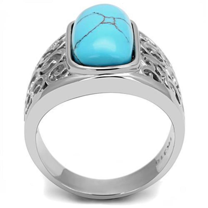 High polished (no plating) Stainless Steel Ring with Synthetic Turquoise in Sea Blue