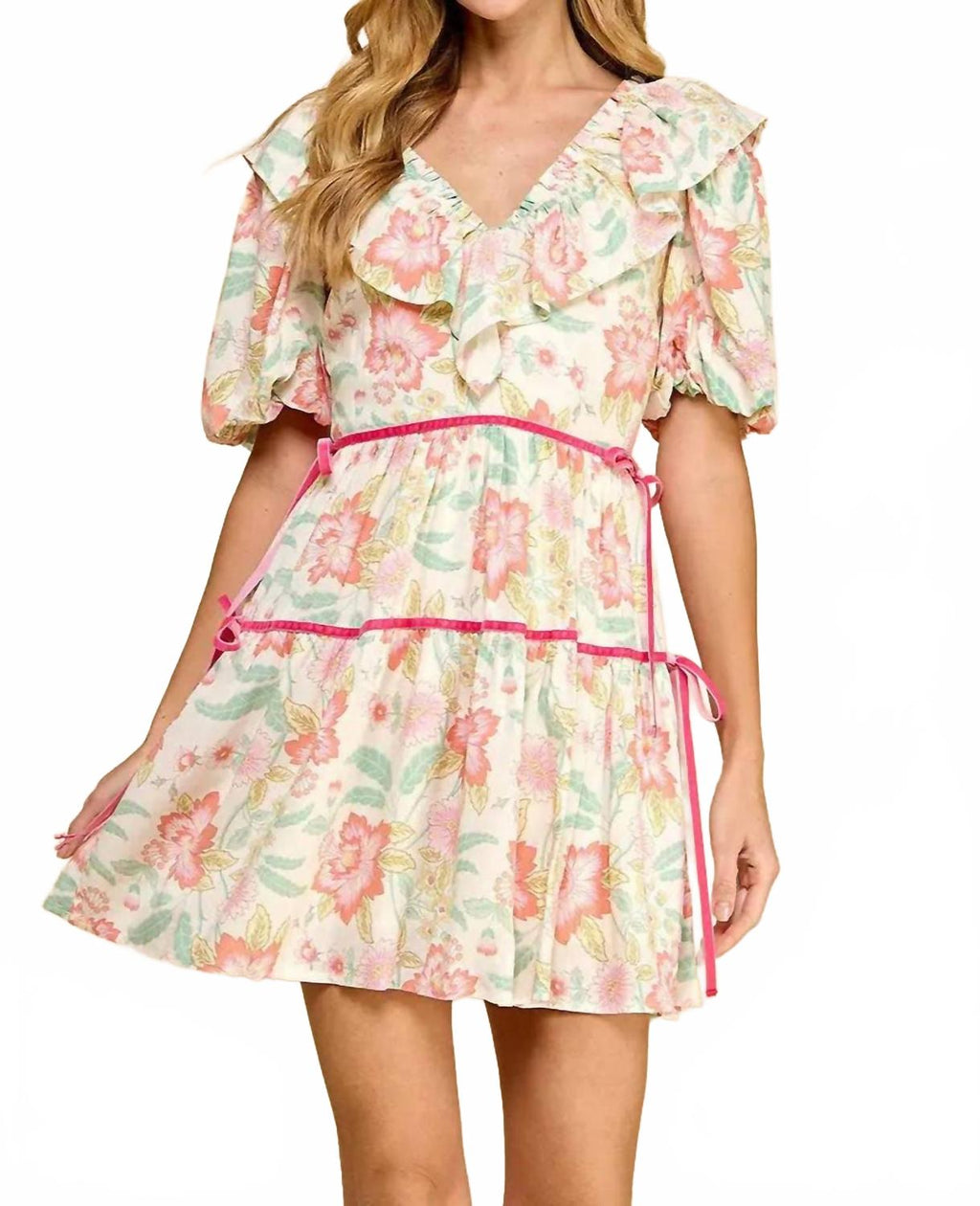 V-Neck Puff Sleeve Floral Dress In Multicoor