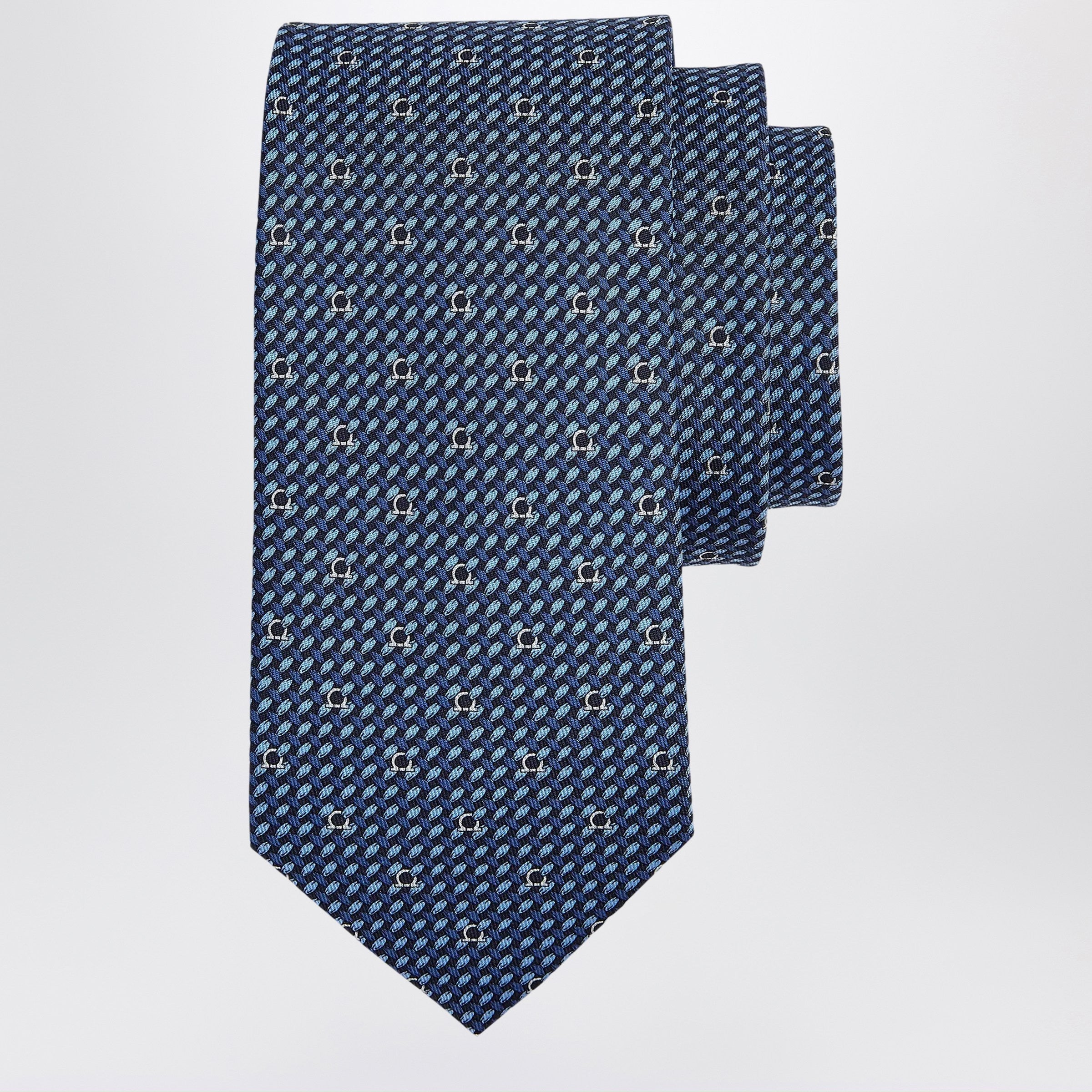 Ferragamo Dark Blue Gancini Print Silk Tie Men