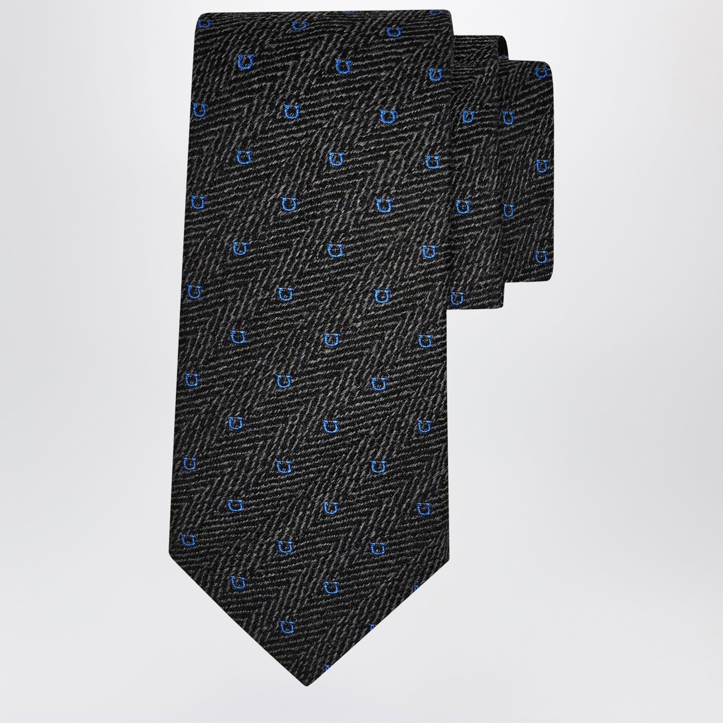 Ferragamo Grey/Light Blue Gancini Chevron Tie Men