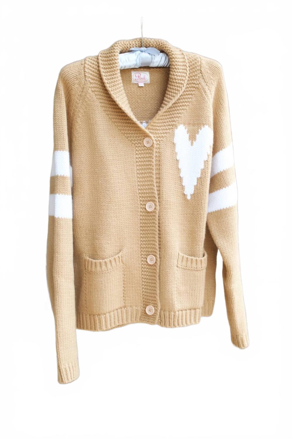Varsity Chunky Heart Cardigan In Brown/white