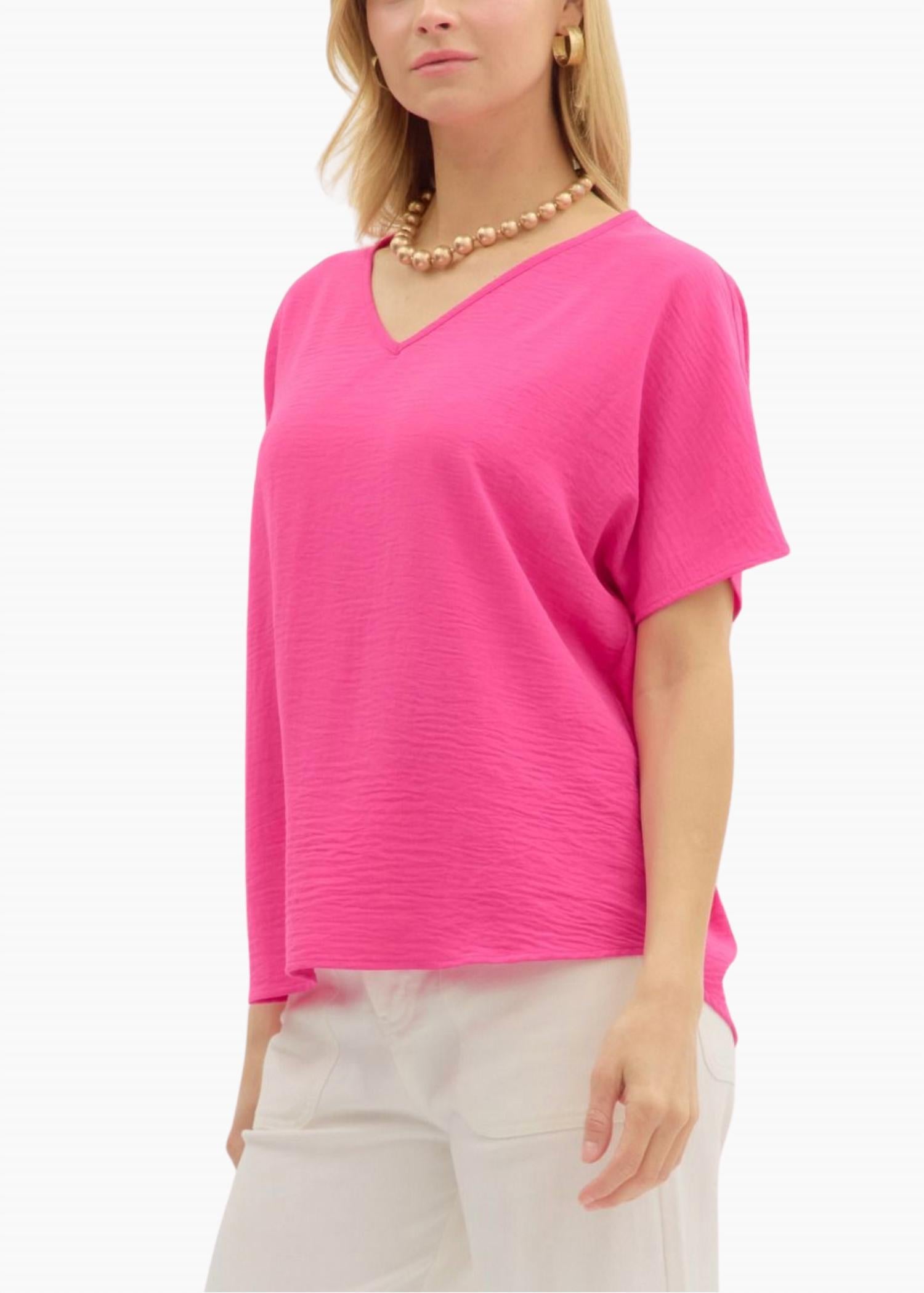 Dana V-Neck Short Sleeve Pullover Top In Hot Pink