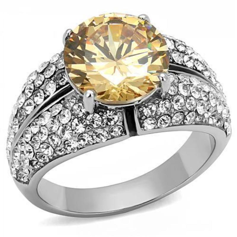 High polished (no plating) Stainless Steel Ring with AAA Grade CZ in Champagne