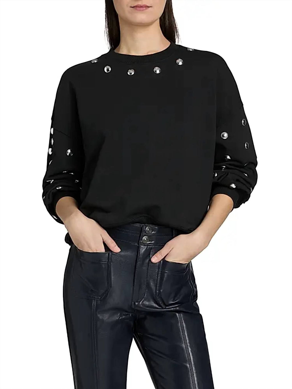 Studded Sleeves Brandy Pullover Sweatshirt In Black