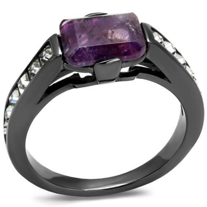 IP Light Black Stainless Steel Ring with Precious Stone Amethyst Crystal in Amethyst