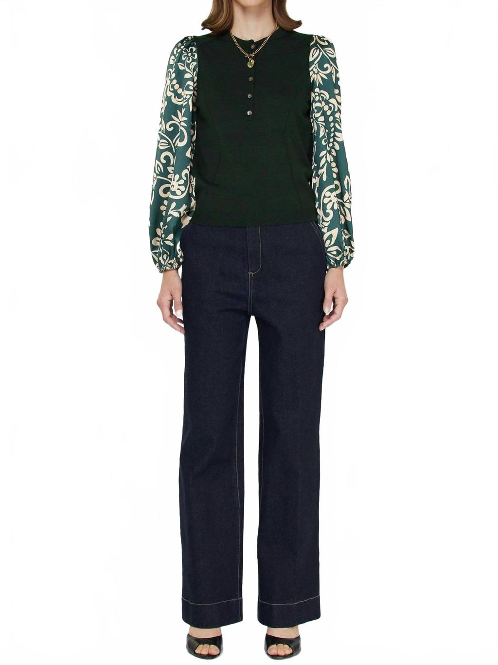 Mandarin Collar Combo Sweater Top In Green Multi