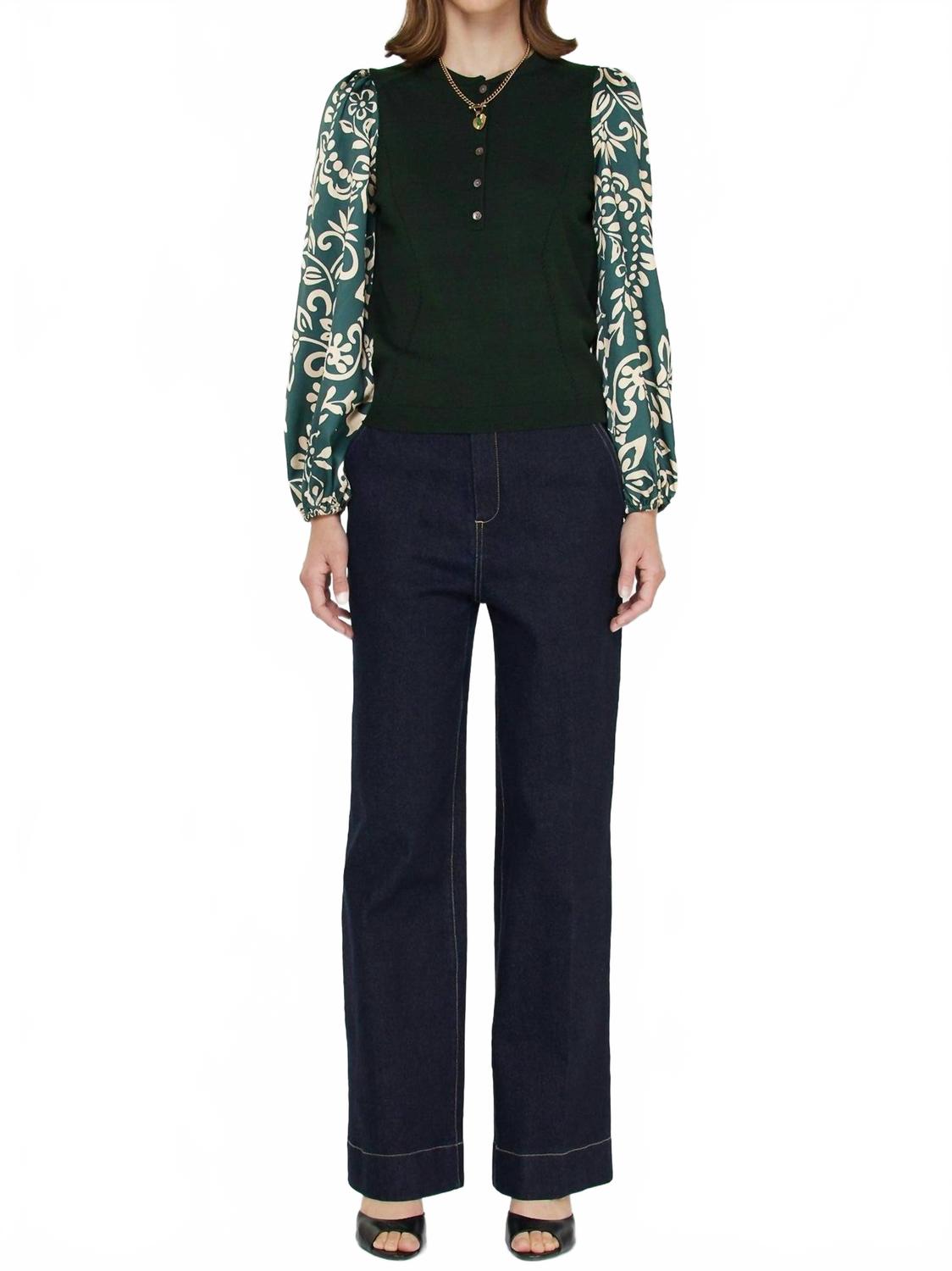 Mandarin Collar Combo Sweater Top In Green Multi