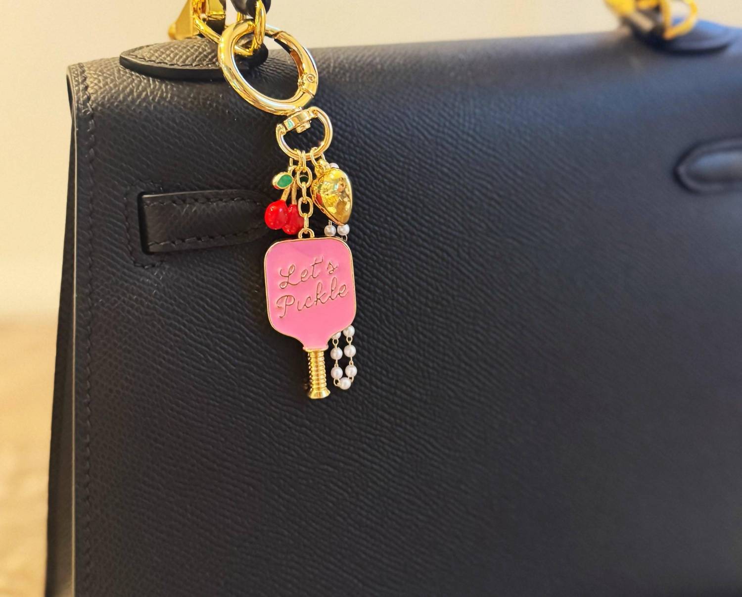 Women's Pickleball Cherry Bag Charm And Keychain In Gold Pink
