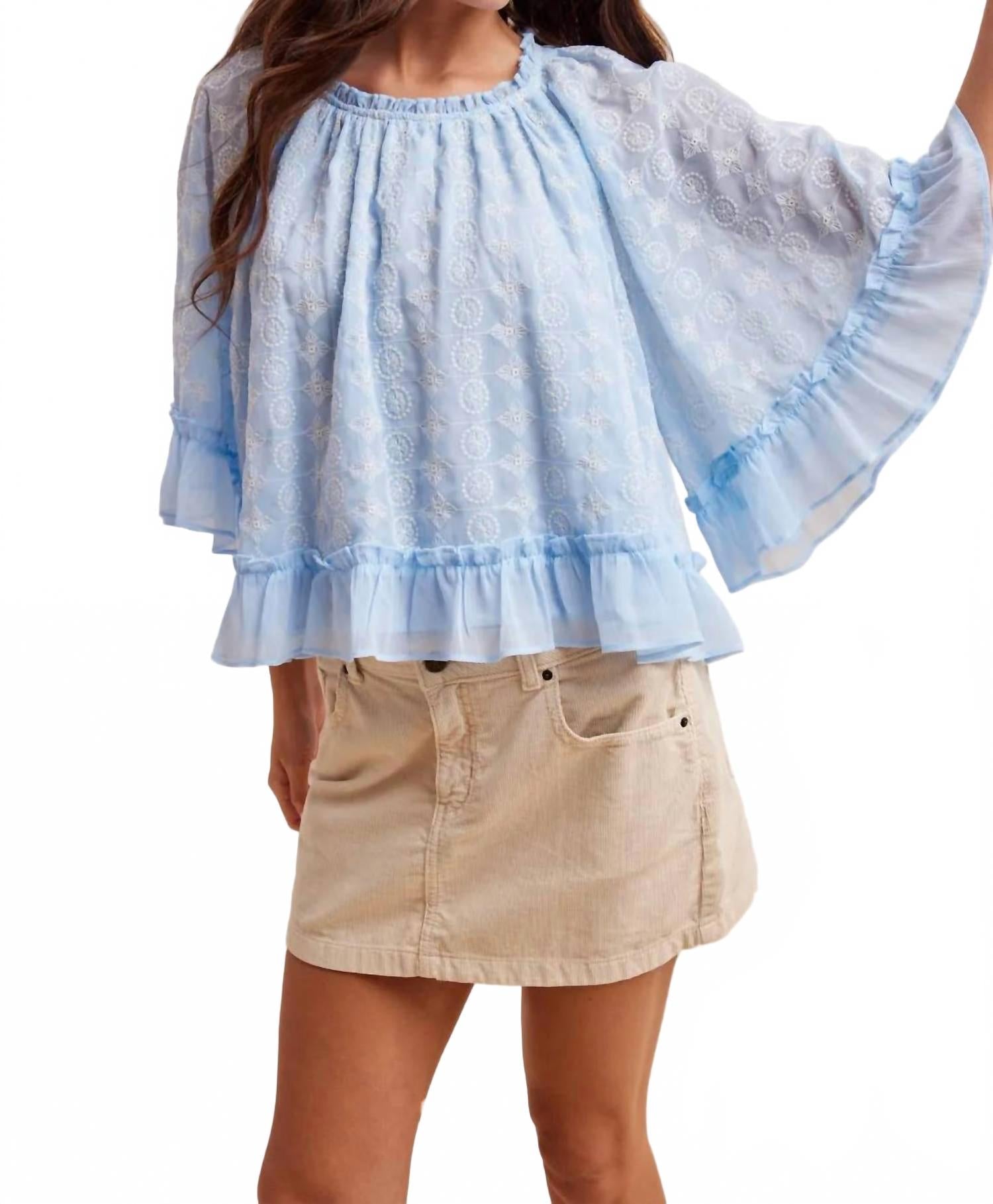 Embroidered Cape Top In Airy Blue