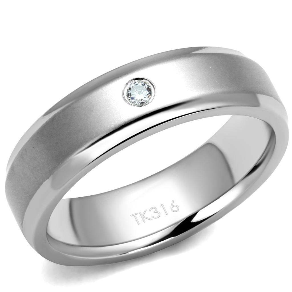 High polished (no plating) Stainless Steel Ring with AAA Grade CZ in Clear