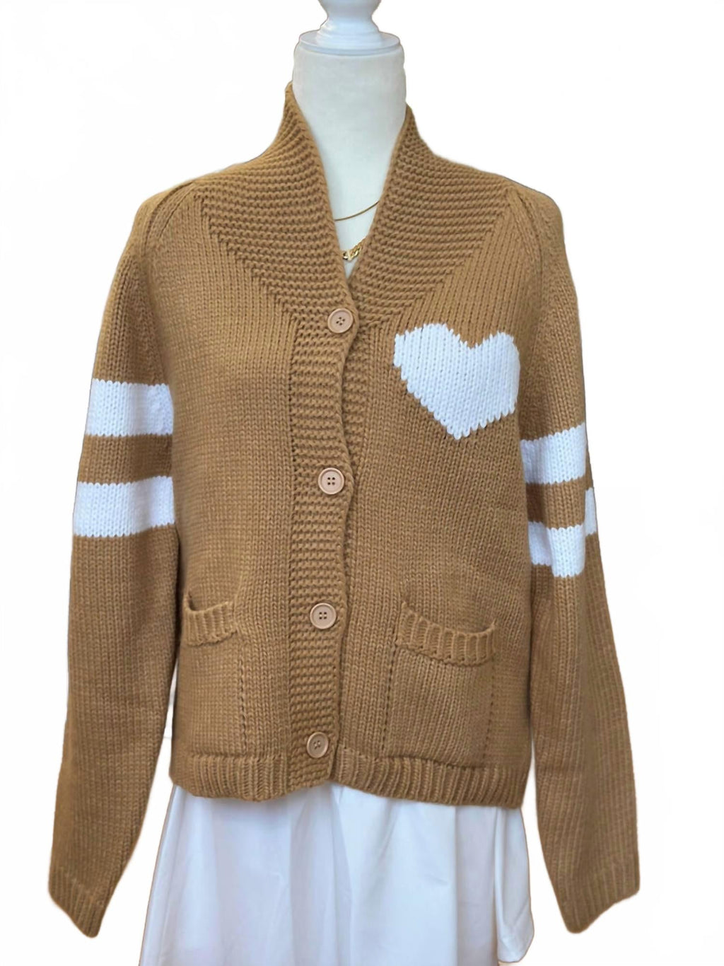Varsity Chunky Heart Cardigan In Brown/white