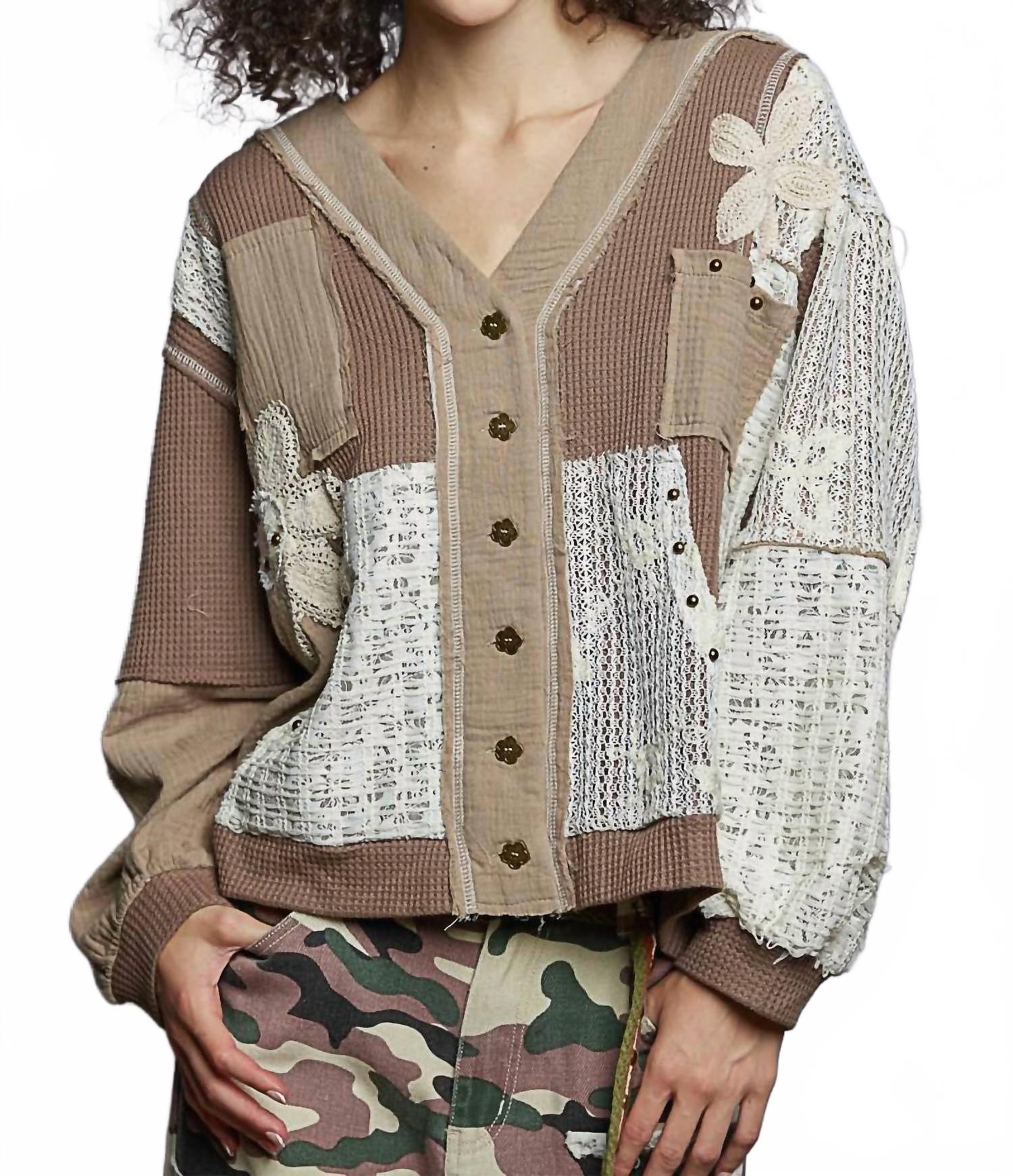 Oversize Lace Print Waffle Knit Button Up Top In Mocha